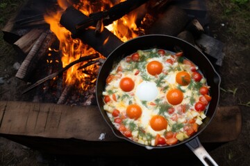 overhead shot of skillet with eggs and tomatoes on campfire