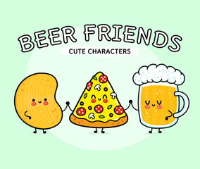 Cute, funny happy glass of beer, pizza and chips. Vector hand drawn cartoon kawaii characters, illustration icon. Funny happy cartoon glass of beer pizza chips mascot friends