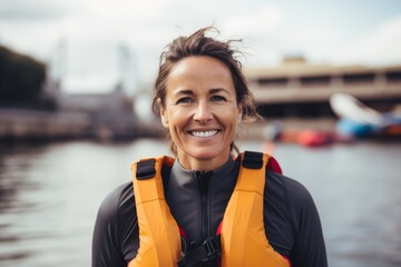 Portrait of smiling woman in life jacket standing on river embankment - obrazy, fototapety, plakaty
