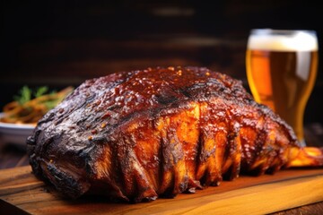 close up of a golden beer with a full rack of bbq ribs