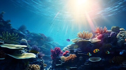 Coral reef and fish. Underwater panorama. Seascape.