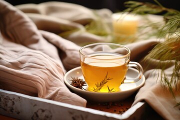 closeup of herbal tea cup next to a bed - obrazy, fototapety, plakaty
