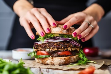 womans hand enjoying black bean burger with vegan cheese - obrazy, fototapety, plakaty