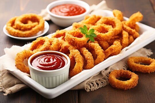 onion rings on a long platter with a side of ketchup