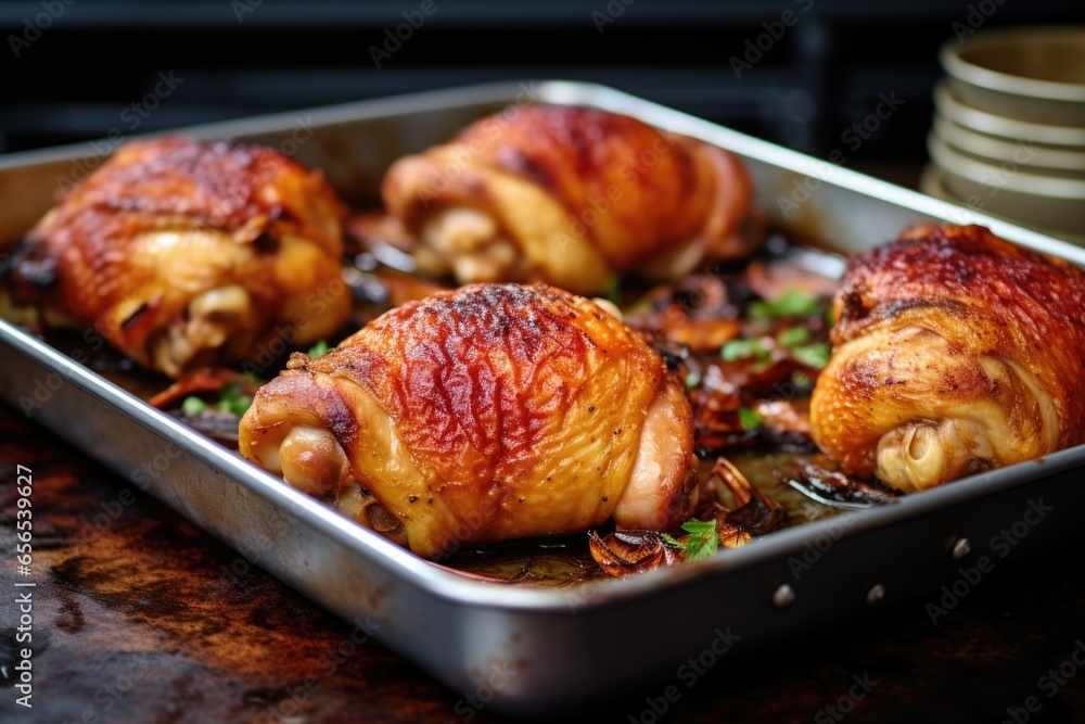 Canvas Prints fully cooked chicken thighs resting on a roasting tray