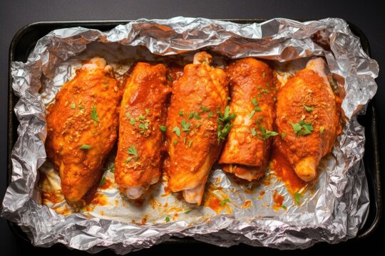 spiced chicken wings wrapped in aluminum foil ready for baking