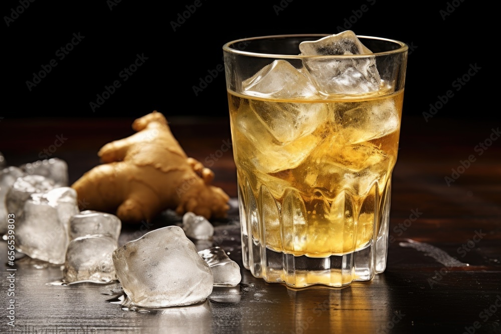 Wall mural spilled ginger ale soda with ice cubes