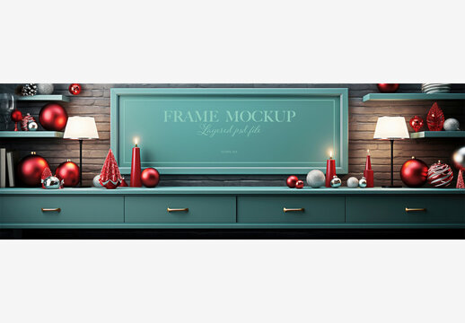 Blue Dresser with Mirror, Christmas Decorations, Candle Holder and Frame Mockup on Brick Wall with Shelf Below Frame Mockup Christmas New Year