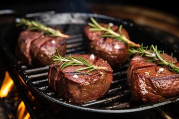 grilled venison steaks with rosemary and garlic cloves - obrazy, fototapety, plakaty