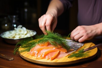 hand placing dill on artisanal smoked fish dish