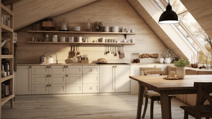 Interior of kitchen in rustic style. White furniture and wooden decor in bright cottage indoor. - obrazy, fototapety, plakaty