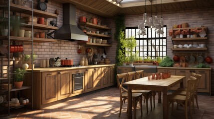 Interior of kitchen in rustic style. White furniture and wooden decor in bright cottage indoor.