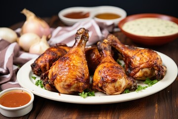 Fototapeta premium alabama chicken drumsticks on a ceramic plate with white bbq sauce on top
