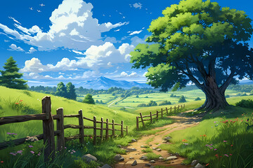 grass and wood in anime style village