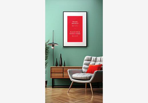 Christmas New Year Frame Mockup: Chair, Table, Painting, Plant, Vase, Sideboard, Picture, Lamp on Wall Frame Mockup Christmas New Year