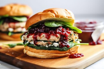 turkey burger with cranberry sauce and spinach