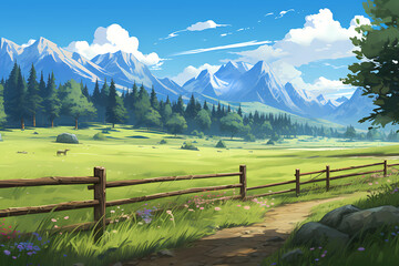 grass and wood in anime style village