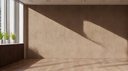 The background of a room with empty wooden walls and minimalist wooden floors with sunlight coming in through the window. Good for interior background for presentations.