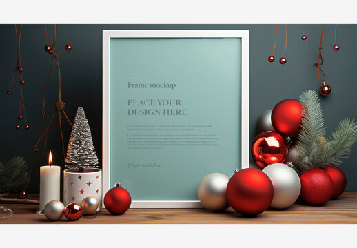 Christmas Frame Mockup with Festive Decorations and Candle on Table, Dark Green Wall Background, and Red and White Sign Frame Mockup Christmas New Ye