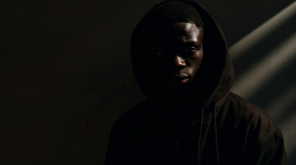 An AI-generated photo of a resolute black man, a successful rap beats producer, challenged with racial inequality and social issues, criminalised by the government, in need of change.