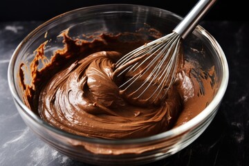 whisking chocolate frosting in a glass bowl