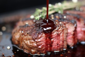 detail of steak texture under red wine reduction glaze