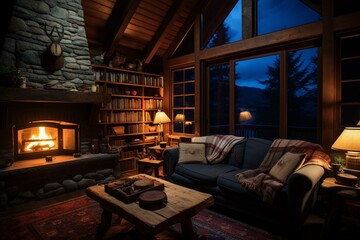 A warm, inviting cabin with a cozy living room illuminated softly at night. Generative AI - obrazy, fototapety, plakaty
