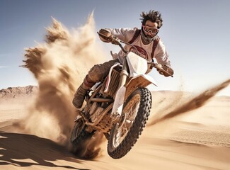 Motorcyclist jumping with a motorcycle in the mud