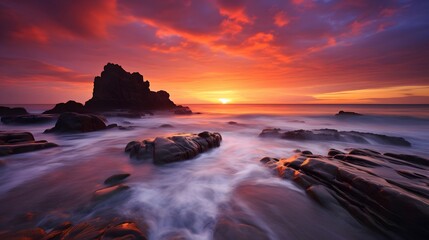 Long exposure of beautiful sunset over the sea. Beautiful natural background.