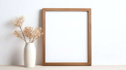 wooden frame on the wall blank white canvas template mockup