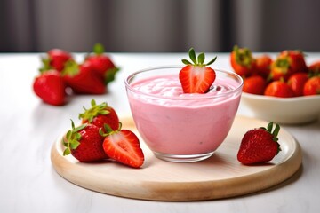 a strawberry yogurt drink alongside a bowl of fresh strawberries