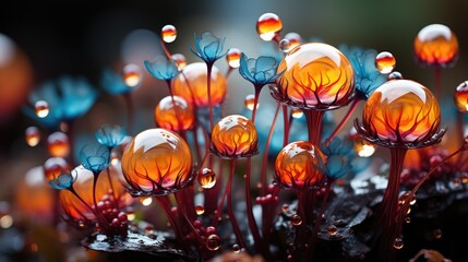 Macro photography flora mushrooms plants under a microscope, spores, close up, raindrops and dew, microbiology, viruses, ecosystem