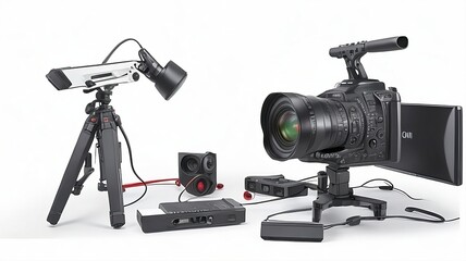 camera. tripod, screen and microphone on white background or without background 