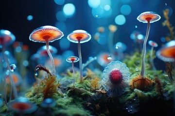 Macro photography flora mushrooms plants under a microscope, spores, close up, raindrops and dew,...
