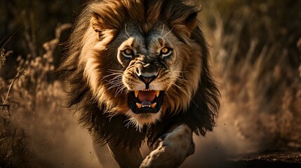 un lion en colère courant vers l'objectif, généré par IA