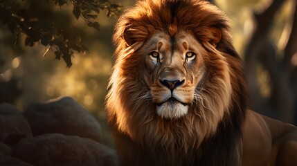 Portrait d'un lion dans la savane, généré par IA