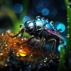 Macro photography fauna, biology, insects, small animals, close up, rain and dew drops, miniature, microbiology, anatomy