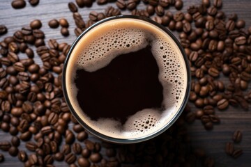 top view of a pint of dark stout with frothy head