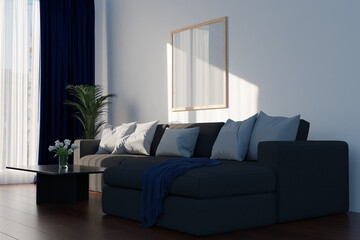 Blank square picture frame mockup in the living room