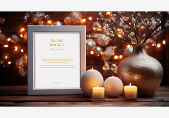 Frame Mockup Christmas New Year: Elegant Picture Frame with Candles, Flowers, and Lights for Festive Table Decor