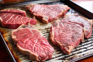 Fototapeta premium porterhouse steak with grill marks on a bright colored baking sheet