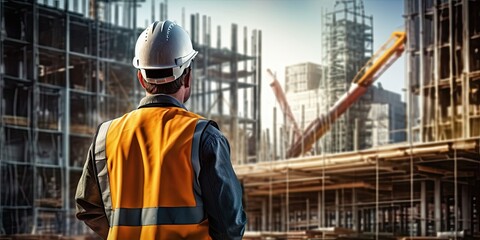 Construction vision. Engineer with blueprint on site. Building future. Architect in safety helmet. Blueprints and hardhats. Construction professional. Builder at construction site