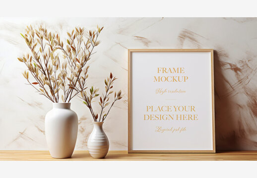 Christmas New Year Frame Mockup: Vases, Flowers, Plant, Picture Frame on Wallpapered Wall Frame Mockup Christmas New Year