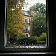 Rain on a window on a rainy day. green park outside