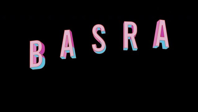 Bright letters jump merrily in the inscription BASRA city. Retro. Alpha channel black. Looped from frame 120 to 240, Alpha BW at the end