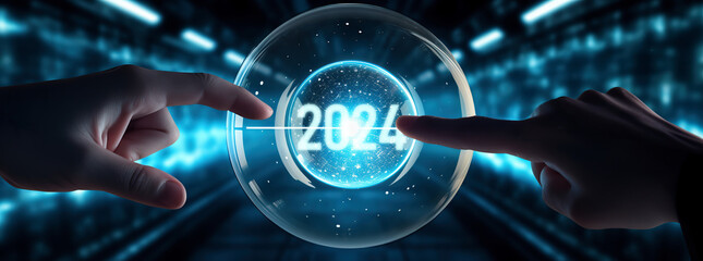 2024年スタートのスイッチを押す指 - obrazy, fototapety, plakaty