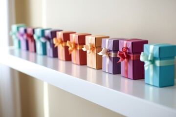 tiny gift boxes lined up on a shelf