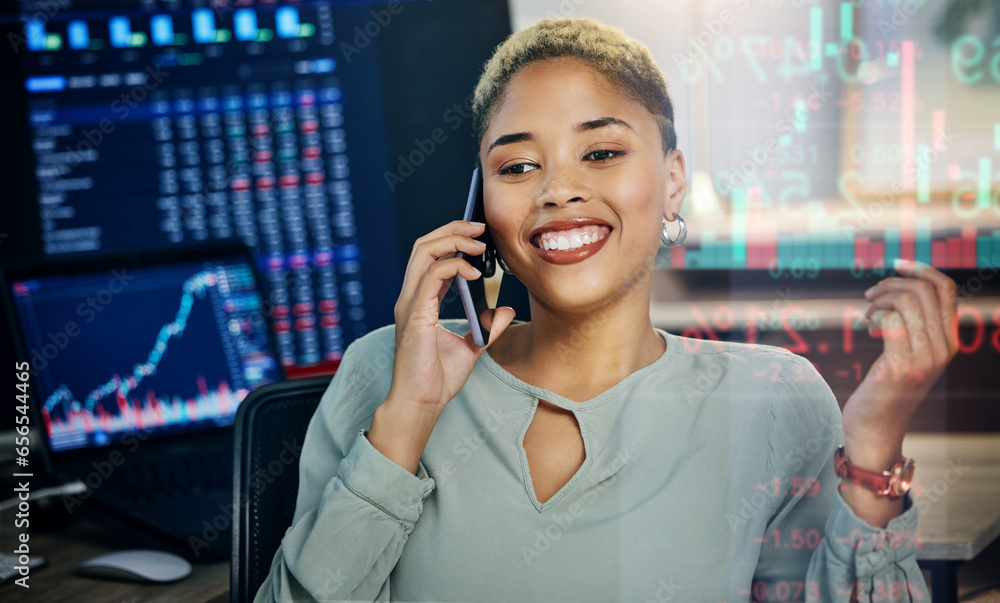 Poster woman, phone with data overlay and smile at computer for crypto trading, networking and investment i