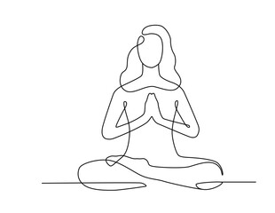 Line yoga drawing. Woman sitting in lotus pose, yoga meditation exercise