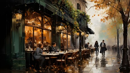 Parisian cafe on wooden tables with coffee cups and croissants watercolor